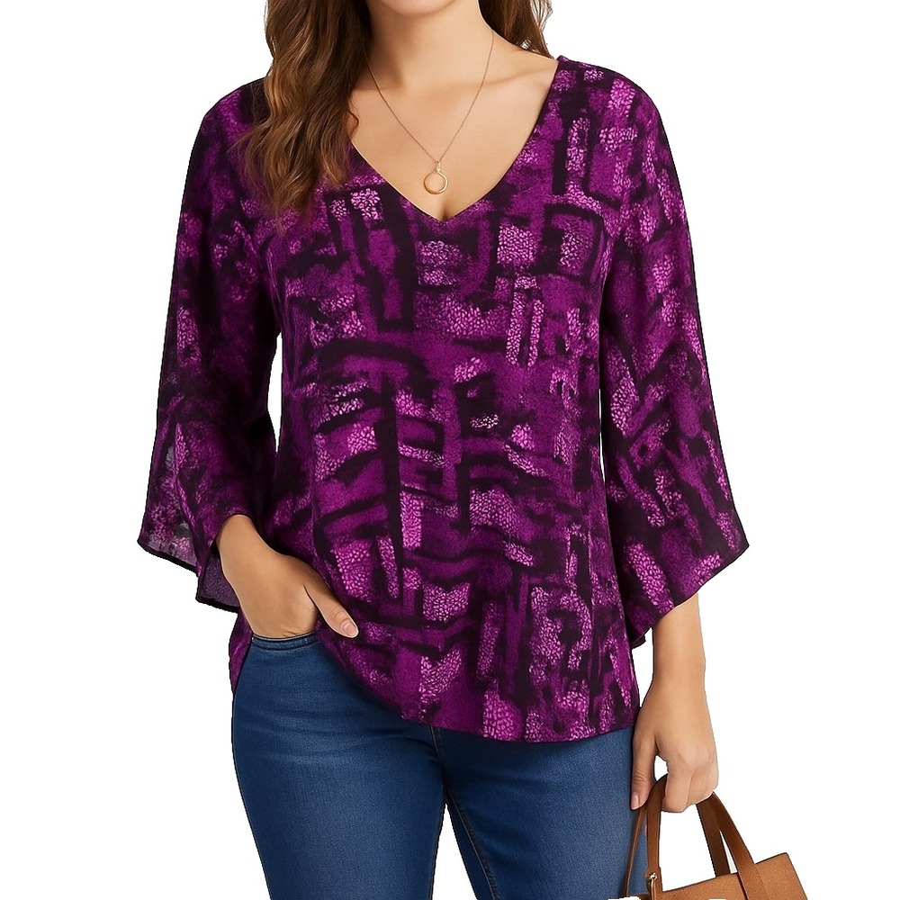 Miss Tina by Tina Knowles XL Purple Geo Maze Print V-Neck Slit Sleeve Top